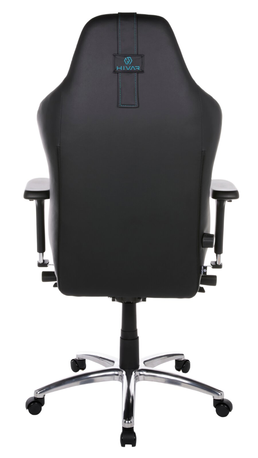 Rückansicht eines schwarzen Gaming-Stuhls mit blauen Nähten und einem stabilen Metallfuß.