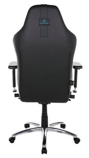 Rückansicht eines schwarzen Gaming-Stuhls mit blauen Nähten und einem stabilen Metallfuß.