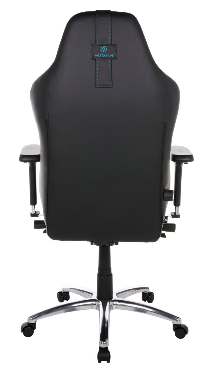 Rückansicht eines schwarzen Gaming-Stuhls mit blauen Nähten und einem stabilen Metallfuß.