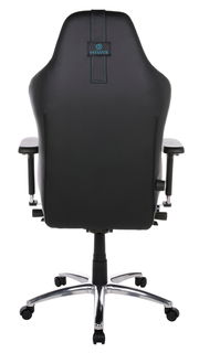 Rückansicht eines schwarzen Gaming-Stuhls mit blauen Nähten und einem stabilen Metallfuß.