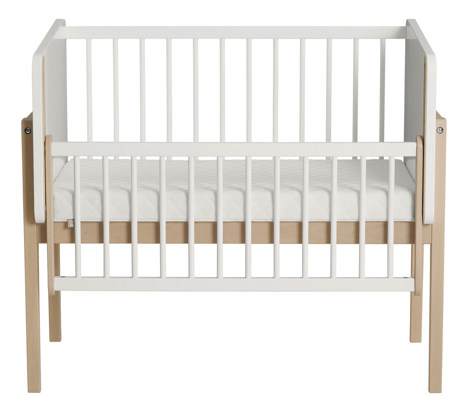 Anstellbett aus Holz mit weißem Gitter, Vorderansicht