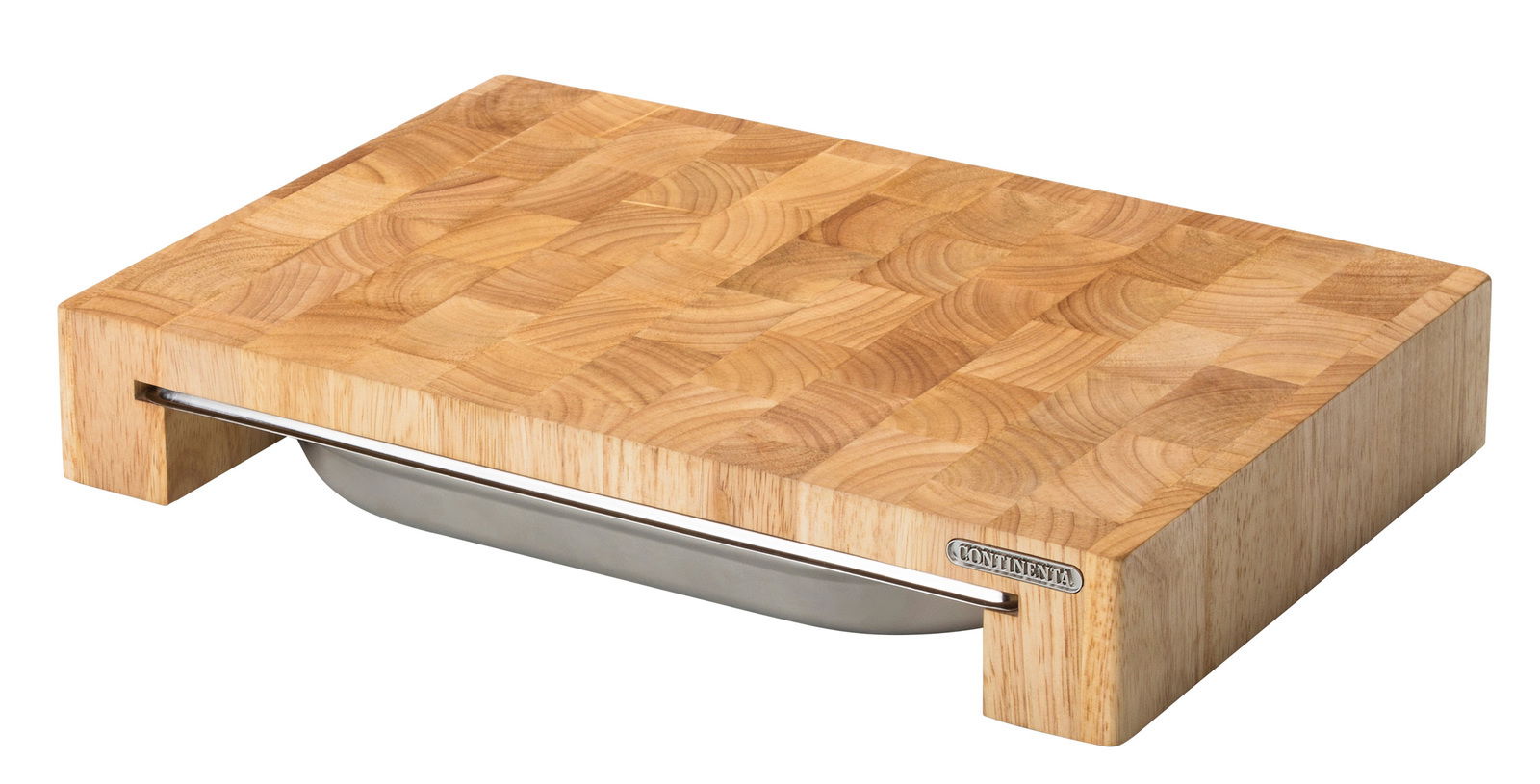 Hochwertiges Schneidebrett aus Holz mit integrierter Edelstahl-Schublade, perspektivisch von schräg oben fotografiert.