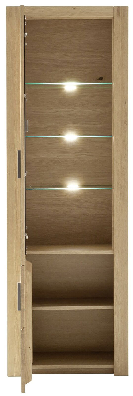 Holzvitrine mit Glaseinlegeböden und integrierter Beleuchtung, geöffnete Tür, Frontalansicht