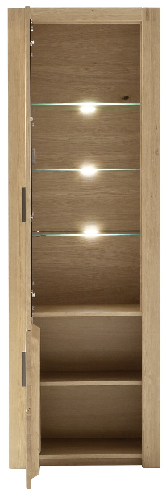 Holzvitrine mit Glaseinlegeböden und integrierter Beleuchtung, geöffnete Tür, Frontalansicht