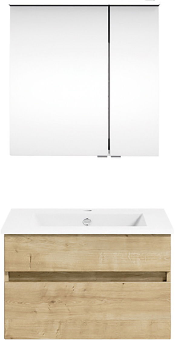 Frontale Ansicht einer modernen Badkombination mit einem weißen Waschbecken und einem Holzunterschrank, darüber ein großer Spiegelschrank.