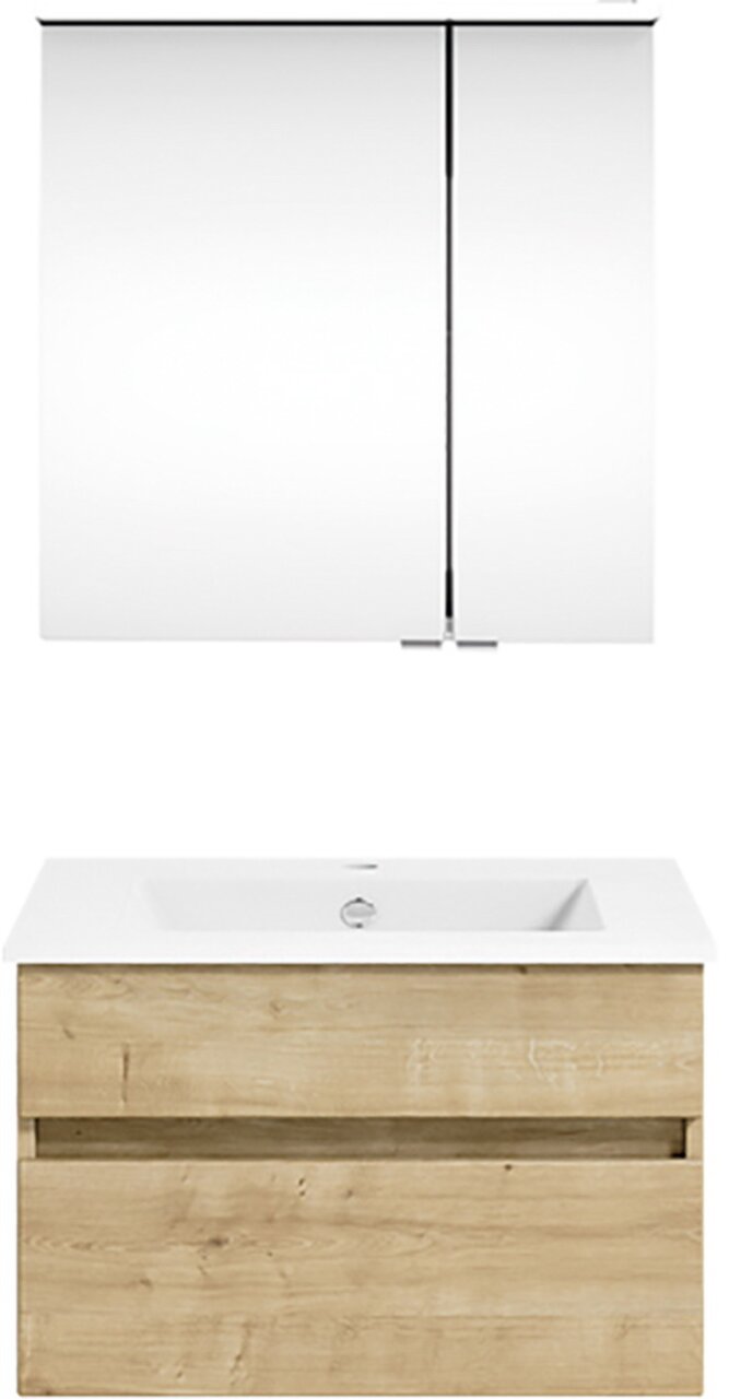 Puris Badkombination GET2YOU 21 Frontale Ansicht einer modernen Badkombination mit einem weißen Waschbecken und einem Holzunterschrank, darüber ein großer Spiegelschrank.