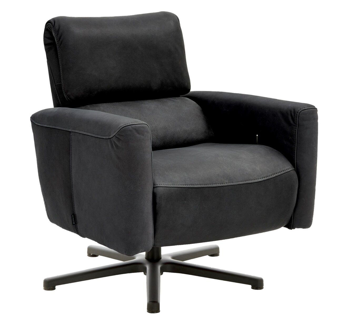 Moderner schwarzer Relaxsessel mit drehbarem Fuß, seitliche Perspektive