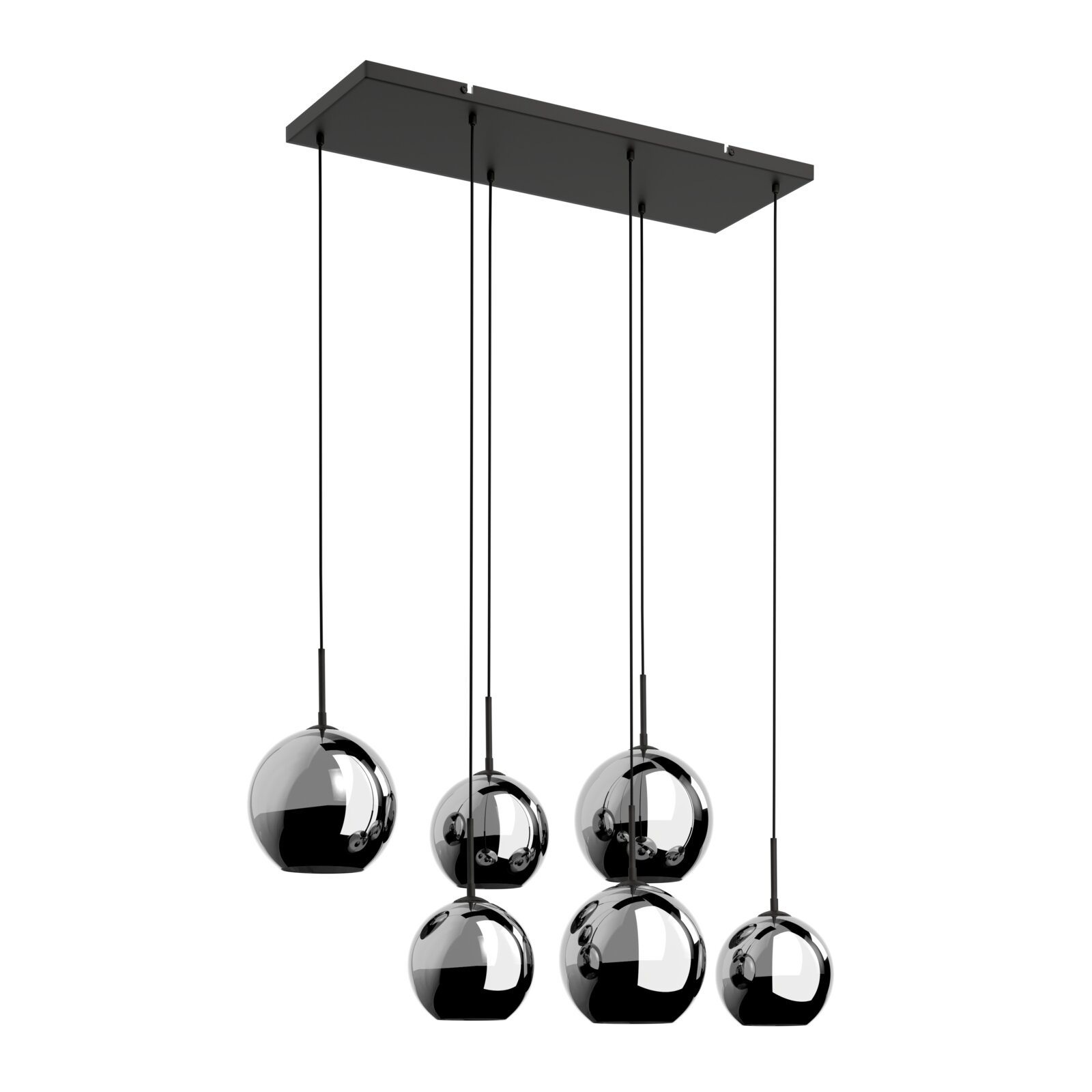 Moderne 6-flammige Pendelleuchte mit rechteckigem Deckenbaldachin in Schwarz und sechs spiegelnden Chrom-Glaskugeln, frontal in leichter Untersicht freigestellt