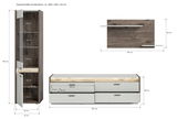 Wohnkombination bestehend aus einem hohen Schrank mit Glastüren, einem niedrigen TV-Schrank mit Schubladen und einem Wandregal, in moderner Holzoptik. Frontansicht.