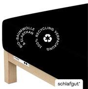 Schwarzes Spannbettlaken aus Bio-Baumwolle und Elasthan auf einer Matratze, mit Hinweis auf 100% recycelte Verpackung, seitliche Perspektive.