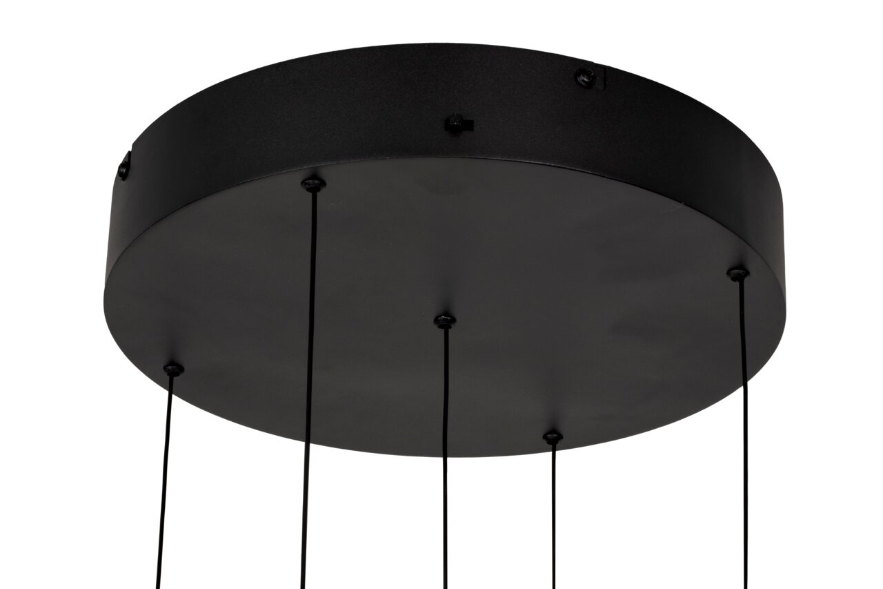 Close-up van de zwarte plafondbevestiging van een LED-hanglamp, van onderaf gezien.