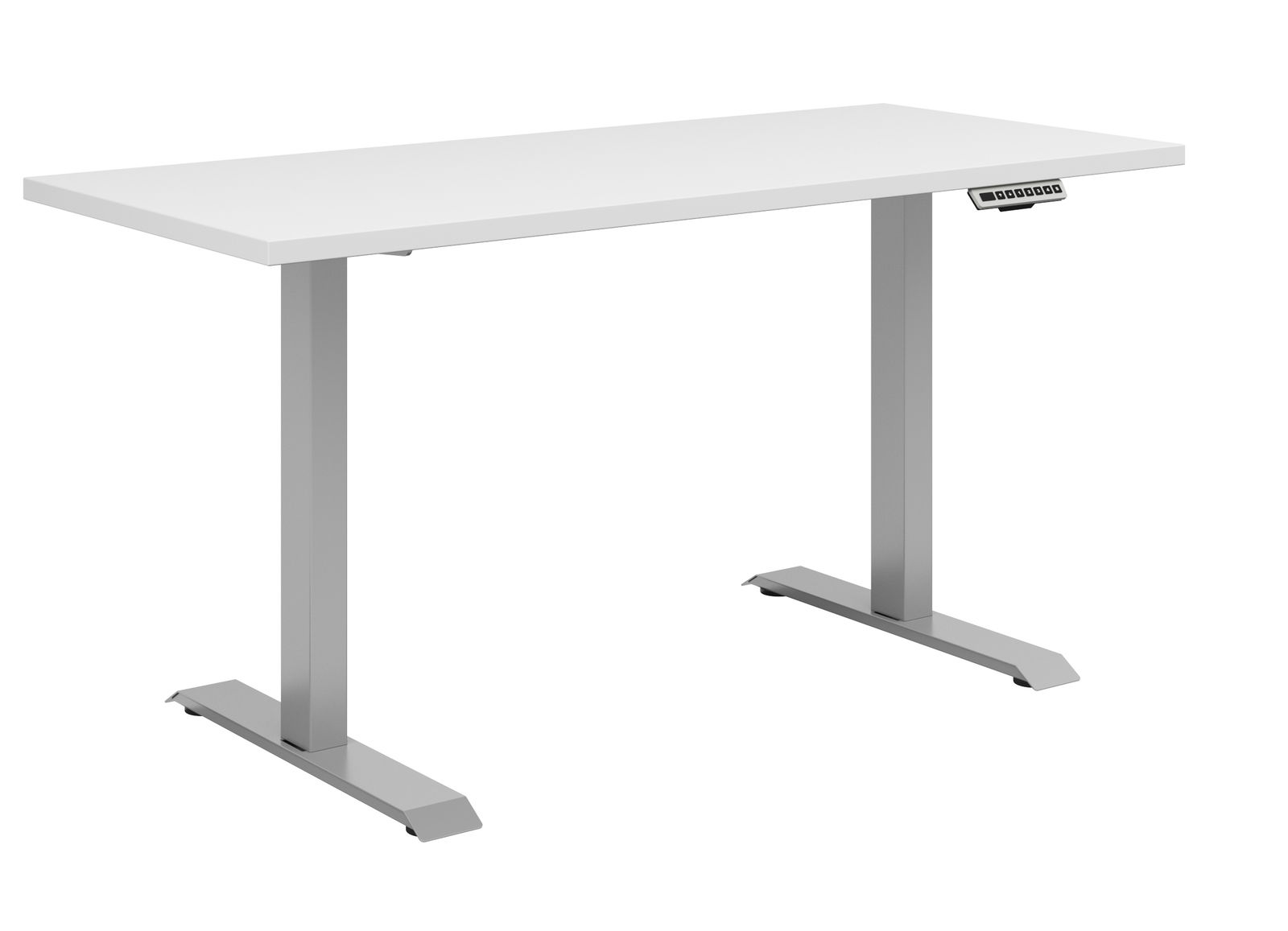 Moderner E-Schreibtisch mit weißer Tischplatte und grauem Gestell, seitliche Perspektive