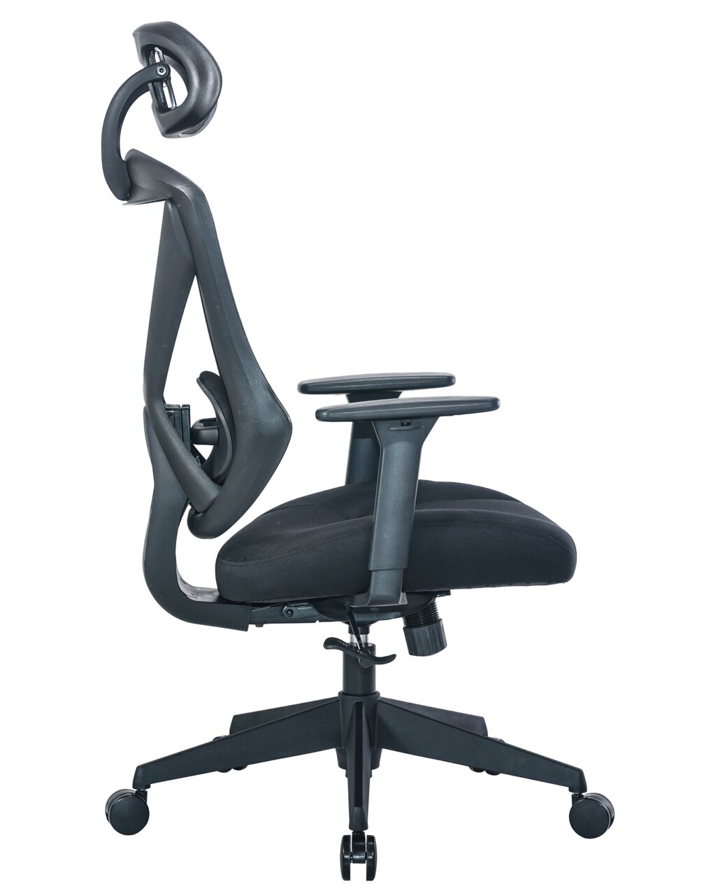 Moderner schwarzer Drehstuhl mit Kopfstütze, Seitenansicht