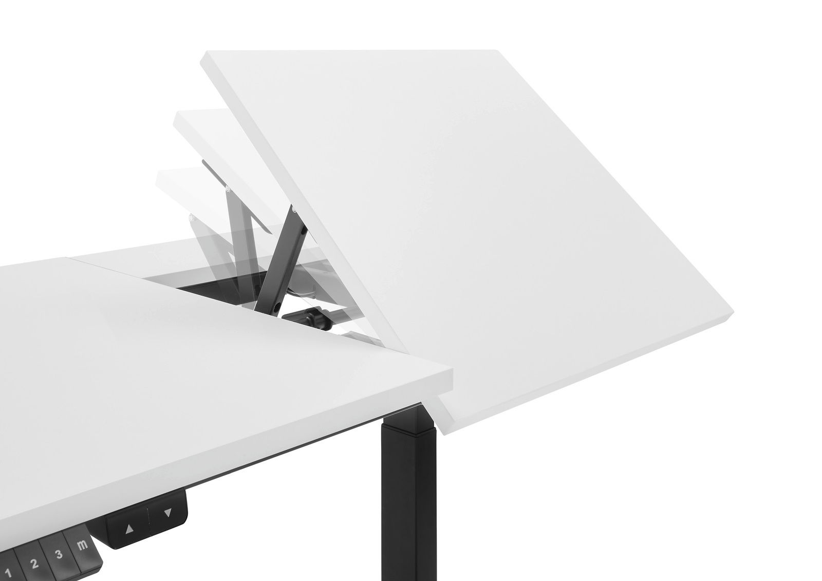 Elektrisch verstellbarer Schreibtisch mit neigbarer Tischplatte, seitliche Perspektive