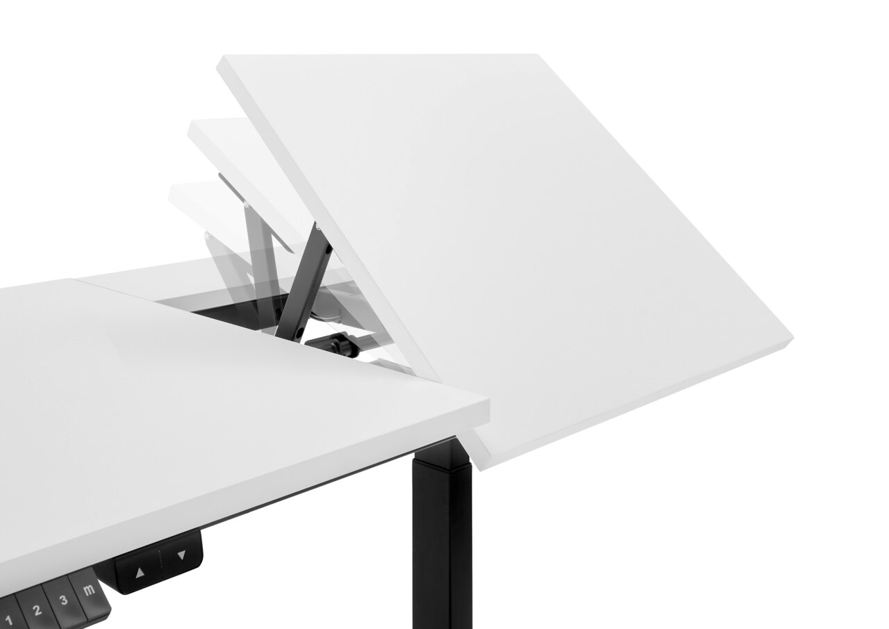 Elektrisch verstelbaar bureau met kantelbaar tafelblad, zijaanzicht