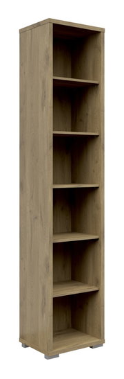 Schmales Aktenregal mit sechs offenen Fächern in Holzoptik, seitliche Perspektive