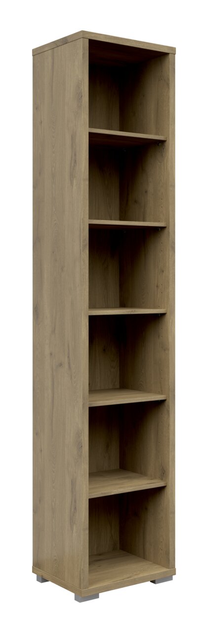 Schmales Aktenregal mit sechs offenen Fächern in Holzoptik, seitliche Perspektive