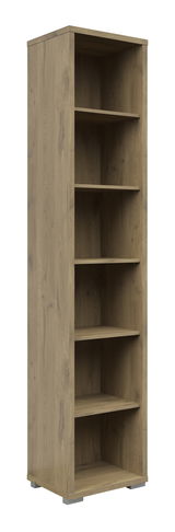 Schmales Aktenregal mit sechs offenen Fächern in Holzoptik, seitliche Perspektive