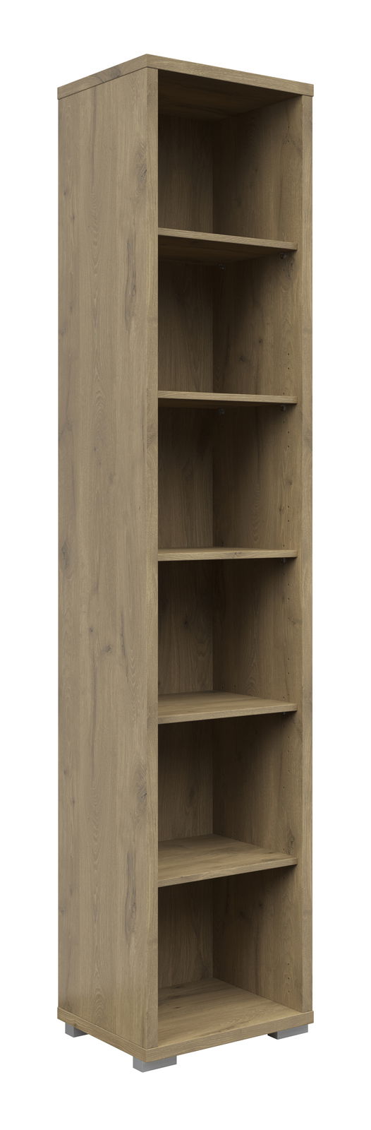 Schmales Aktenregal mit sechs offenen Fächern in Holzoptik, seitliche Perspektive