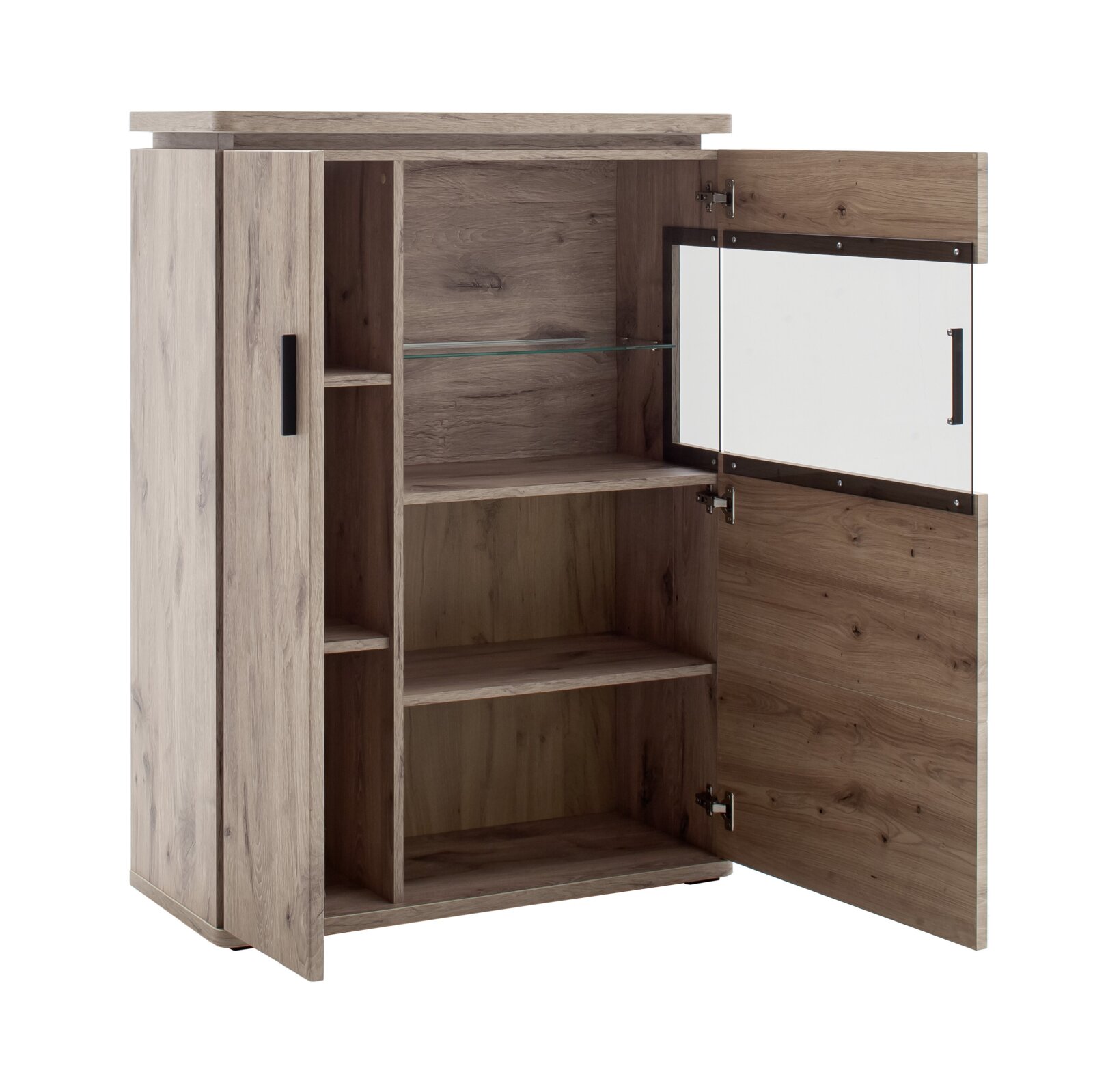 Zurbrüggen Highboard MODENA Geöffneter Holzschrank in Eichenoptik mit Regalböden und Glaseinlegeboden, rechte Tür mit weißer Front und schwarzem Griff, Produktansicht schräg von vorne rechts