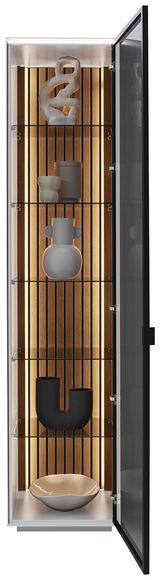 Vitrine mit geöffnetem Glastür, Holzrückwand und dekorativen Objekten auf mehreren Regalen, frontal betrachtet