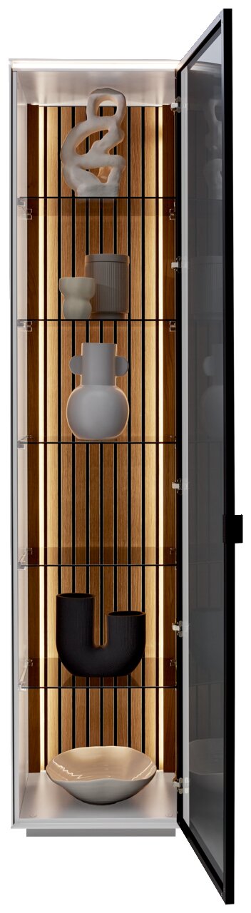 Dieter Knoll Vitrine RIANI Vitrine mit geöffnetem Glastür, Holzrückwand und dekorativen Objekten auf mehreren Regalen, frontal betrachtet