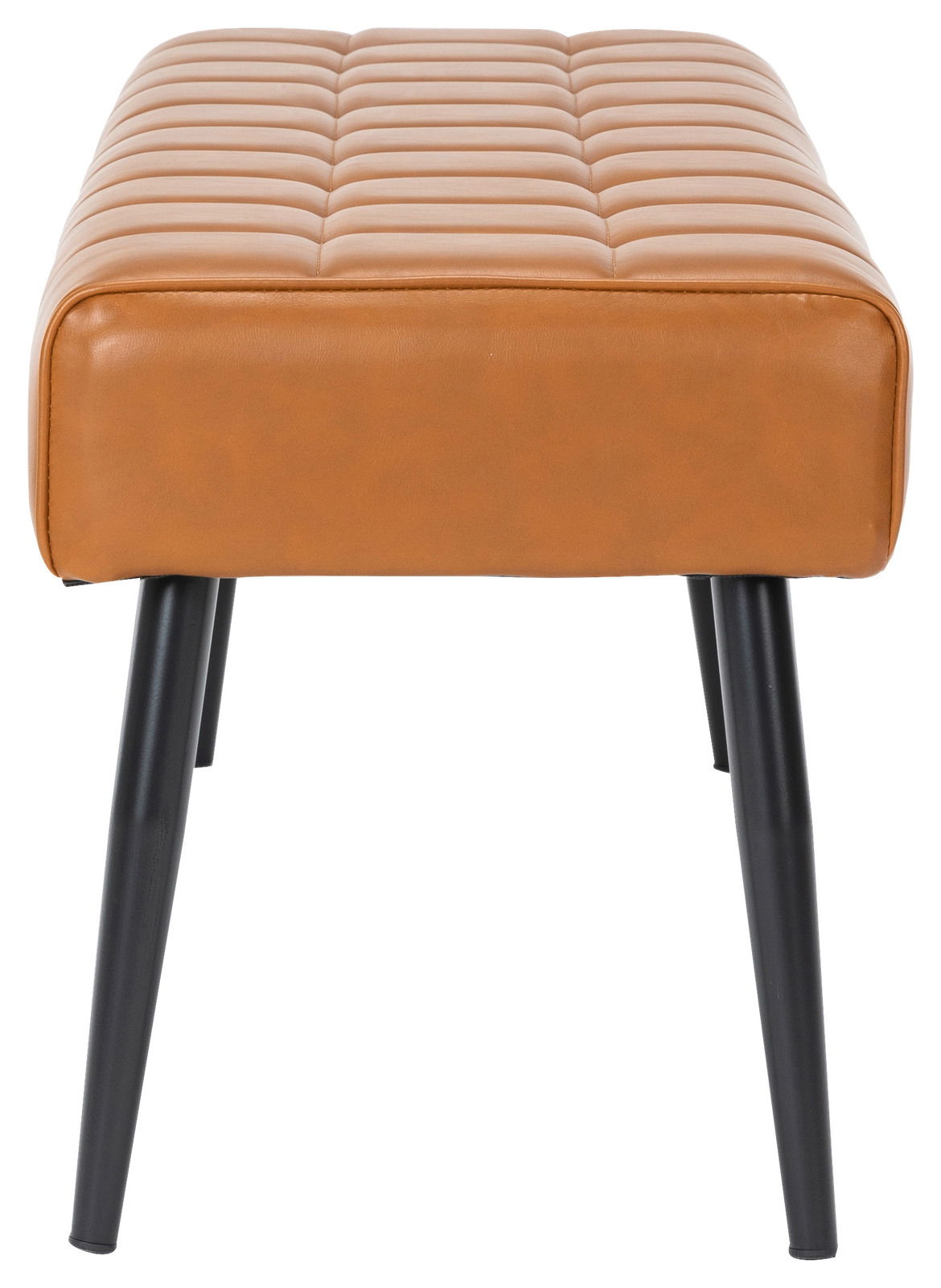 Sitzbank mit gepolsterter, gesteppten Sitzfläche in braunem Leder und schwarzen Metallbeinen, Frontalansicht