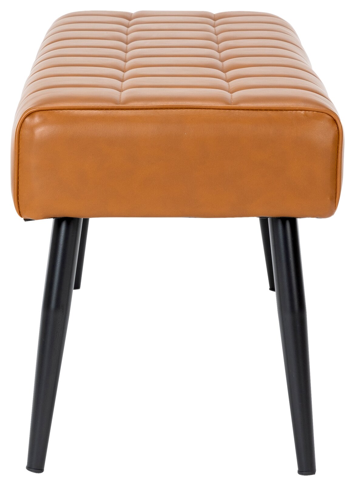 Sitzbank mit gepolsterter, gesteppten Sitzfläche in braunem Leder und schwarzen Metallbeinen, Frontalansicht