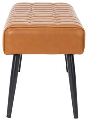 Sitzbank mit gepolsterter, gesteppten Sitzfläche in braunem Leder und schwarzen Metallbeinen, Frontalansicht