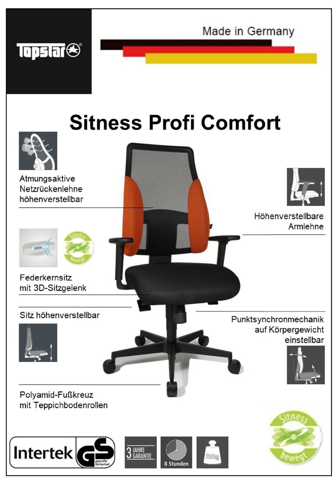 Ergonomischer Drehstuhl mit atmungsaktiver Netzrückenlehne und höhenverstellbaren Armlehnen, Vorderansicht.