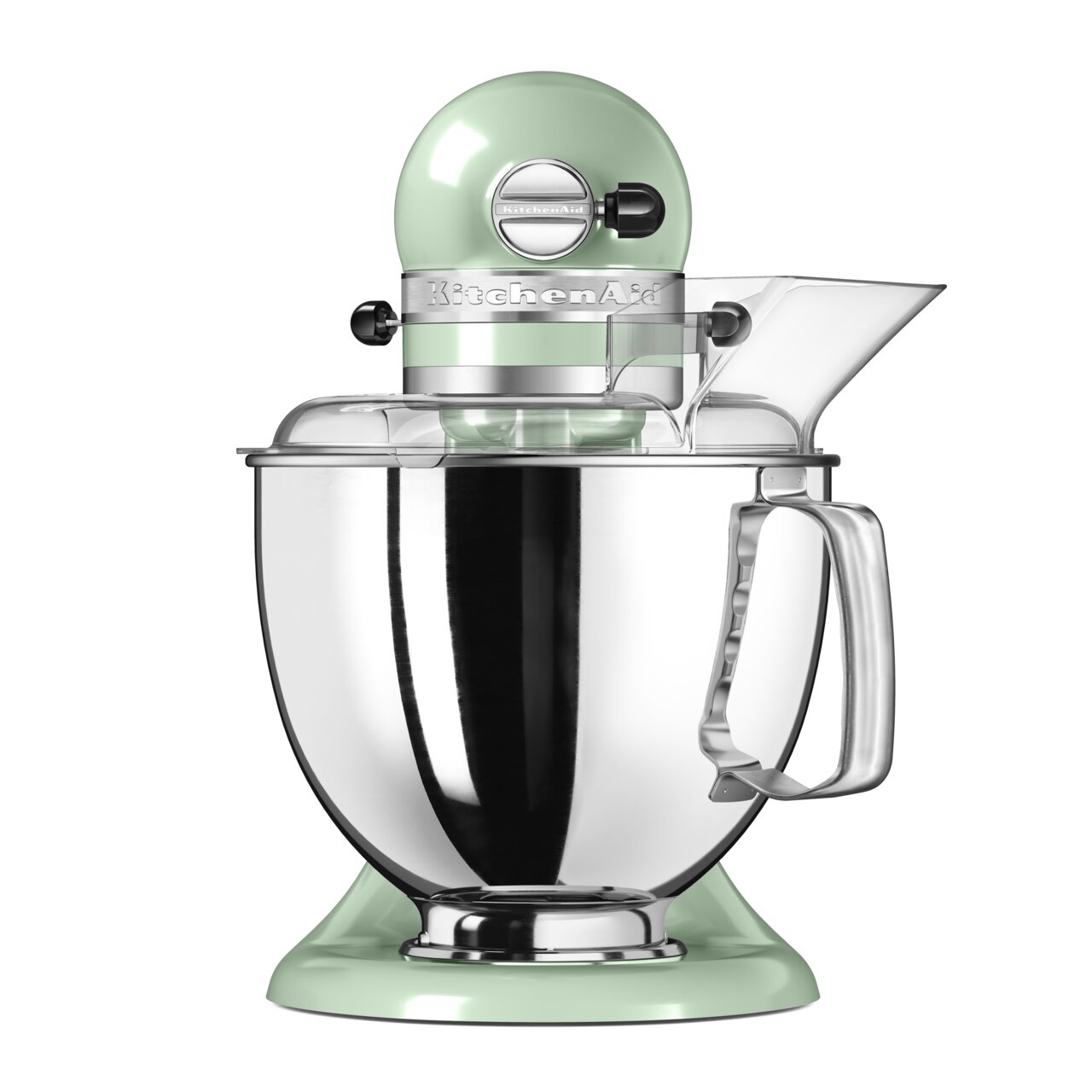 Artisan-keukenmachine in pastelgroen, vooraanzicht met gepolijste roestvrijstalen kom en accessoires.