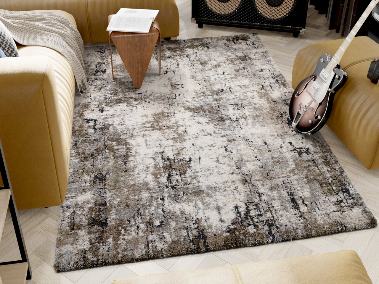 Designer Teppich in einem modernen Wohnzimmer, umgeben von einem gelben Sofa, einem Holztisch und einer Gitarre, aus der Vogelperspektive betrachtet.