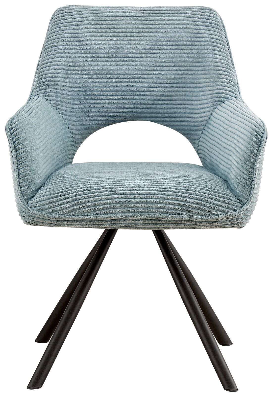 Moderner Armlehnstuhl in hellblauem Stoff mit geripptem Design, schwarzem Metallgestell, Frontalansicht.