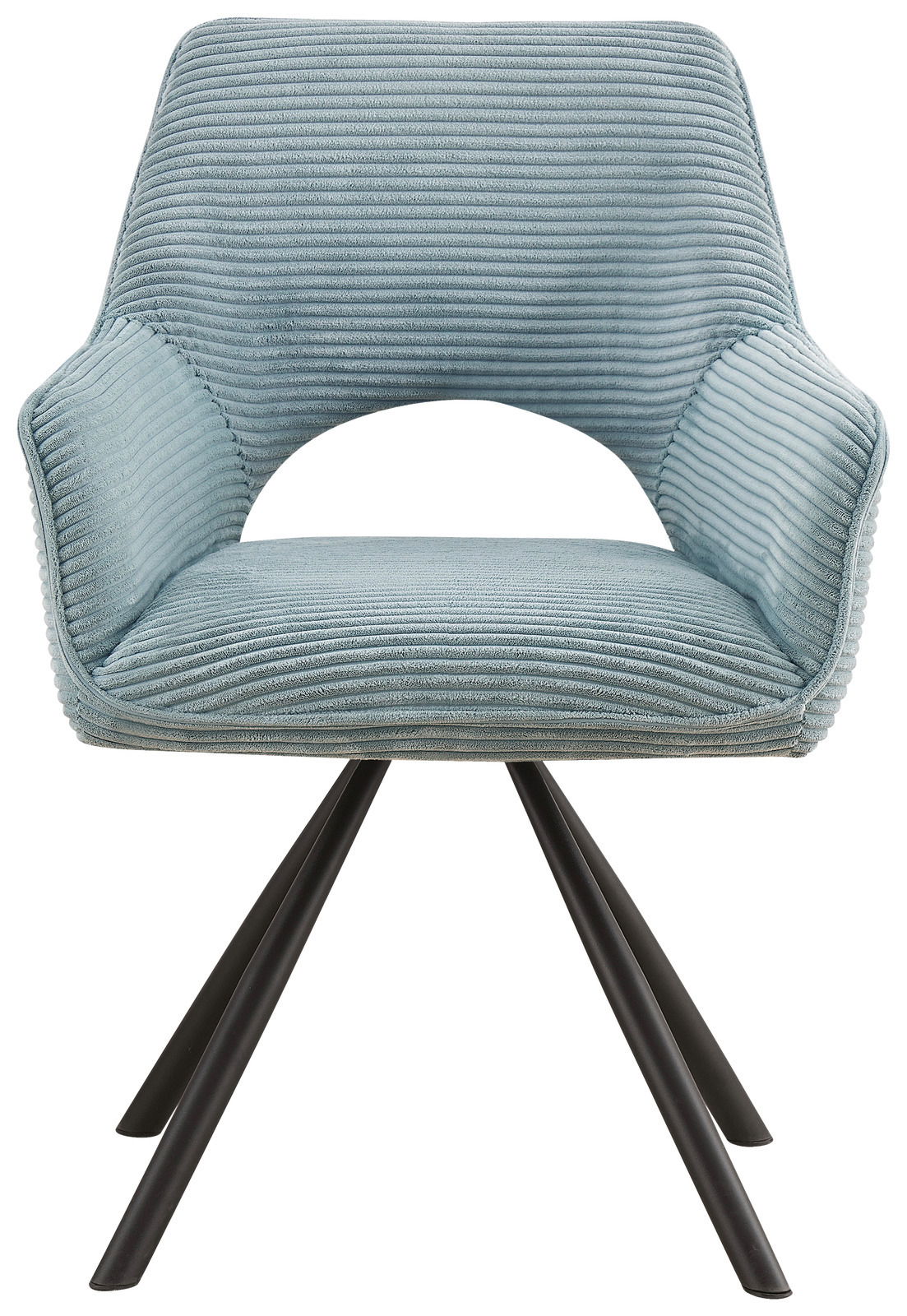 Moderner Armlehnstuhl in hellblauem Stoff mit geripptem Design, schwarzem Metallgestell, Frontalansicht.