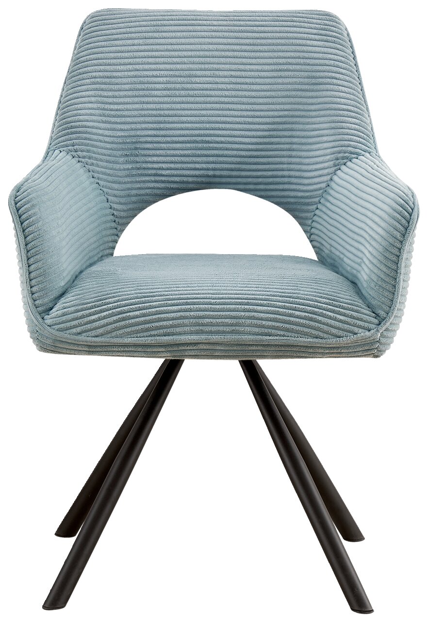 Moderne fauteuil met armleuningen, bekleed met lichtblauwe stof met geribbeld patroon en een zwart metalen frame, gezien van voren.
