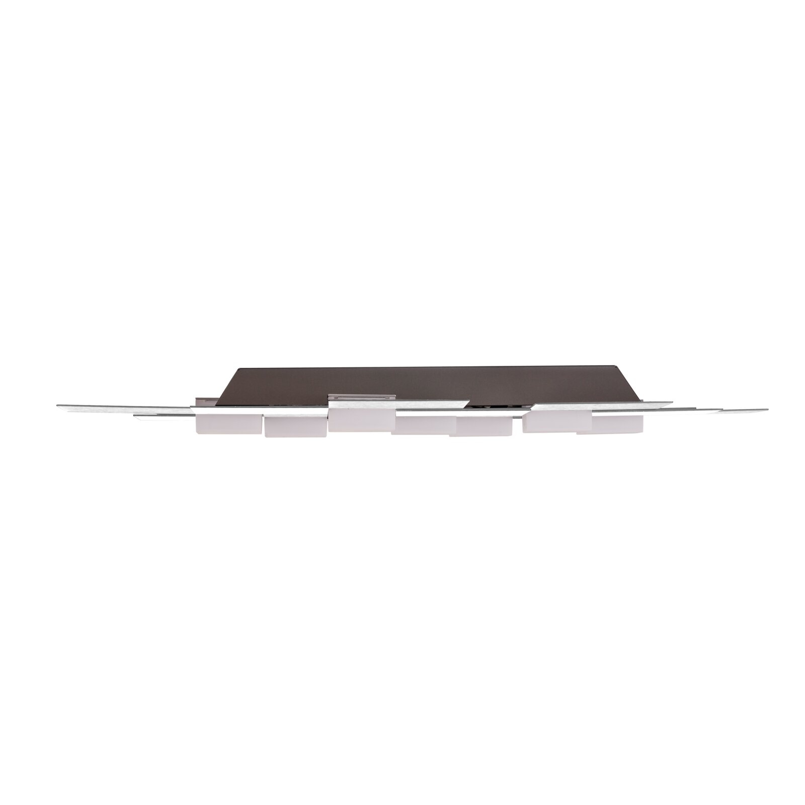 Moderne flache Deckenleuchte mit dunkler rechteckiger Basis, silberfarbenen Elementen und mehreren weißen Lichtmodulen, aus seitlicher Perspektive vor weißem Hintergrund