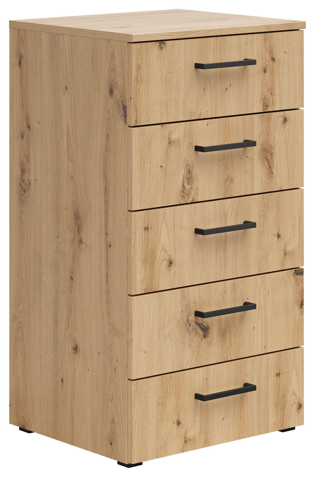 Kommode aus Holz mit fünf Schubladen und schwarzen Griffen, seitliche Perspektive