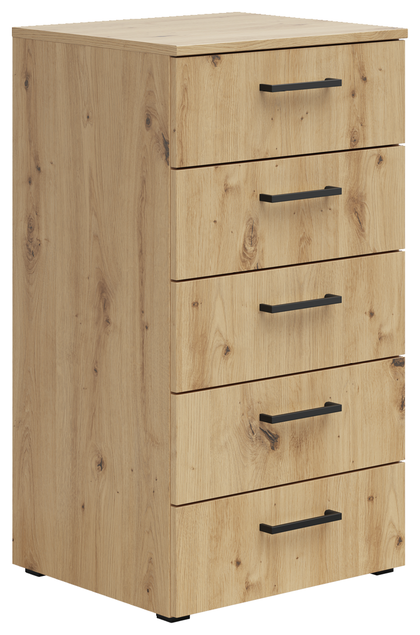 Carryhome Kommode MULTISTAURAUM Kommode aus Holz mit fünf Schubladen und schwarzen Griffen, seitliche Perspektive