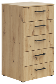Kommode aus Holz mit fünf Schubladen und schwarzen Griffen, seitliche Perspektive