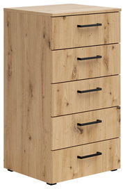 Kommode aus Holz mit fünf Schubladen und schwarzen Griffen, seitliche Perspektive