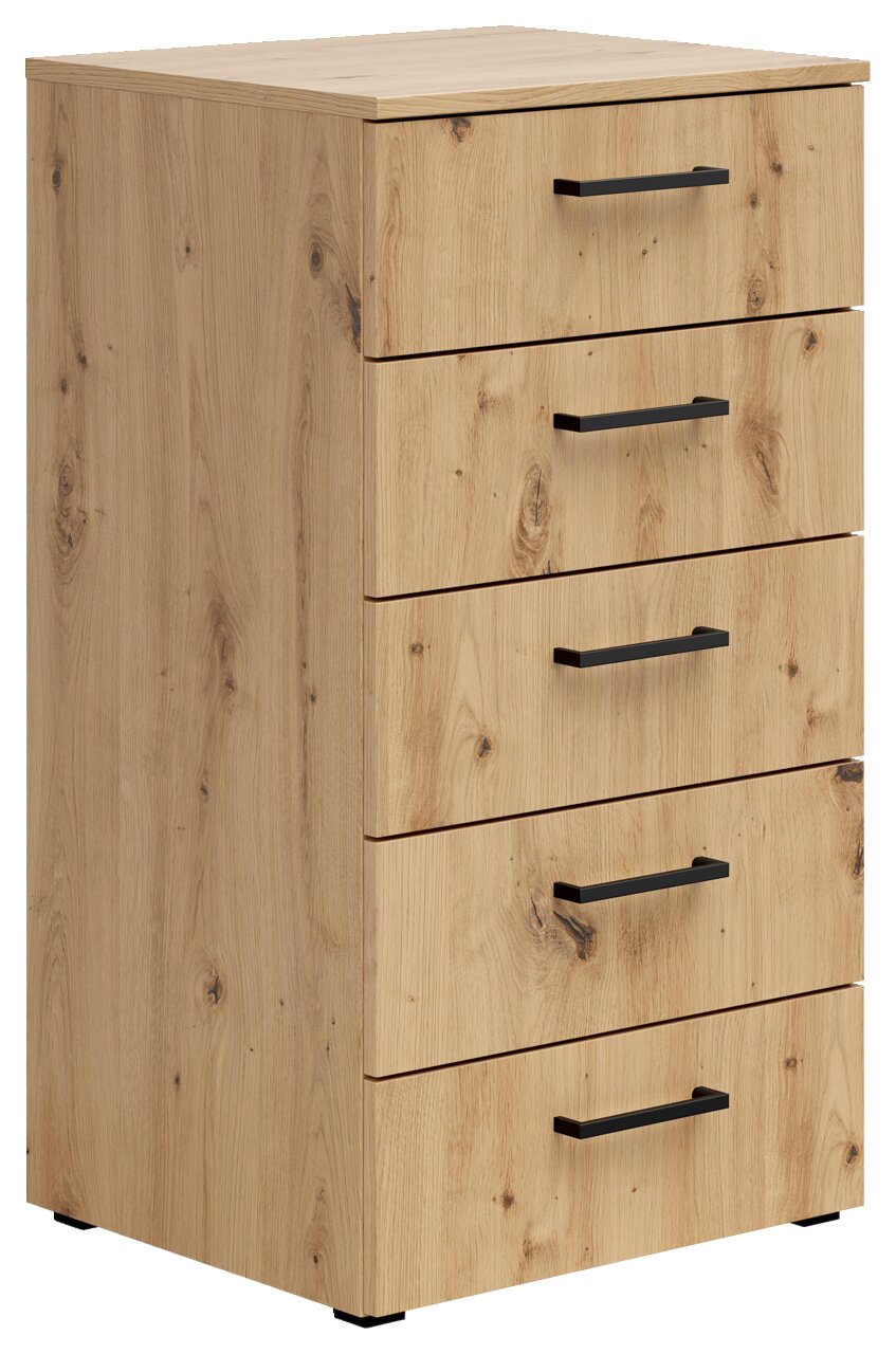 Kommode aus Holz mit fünf Schubladen und schwarzen Griffen, seitliche Perspektive