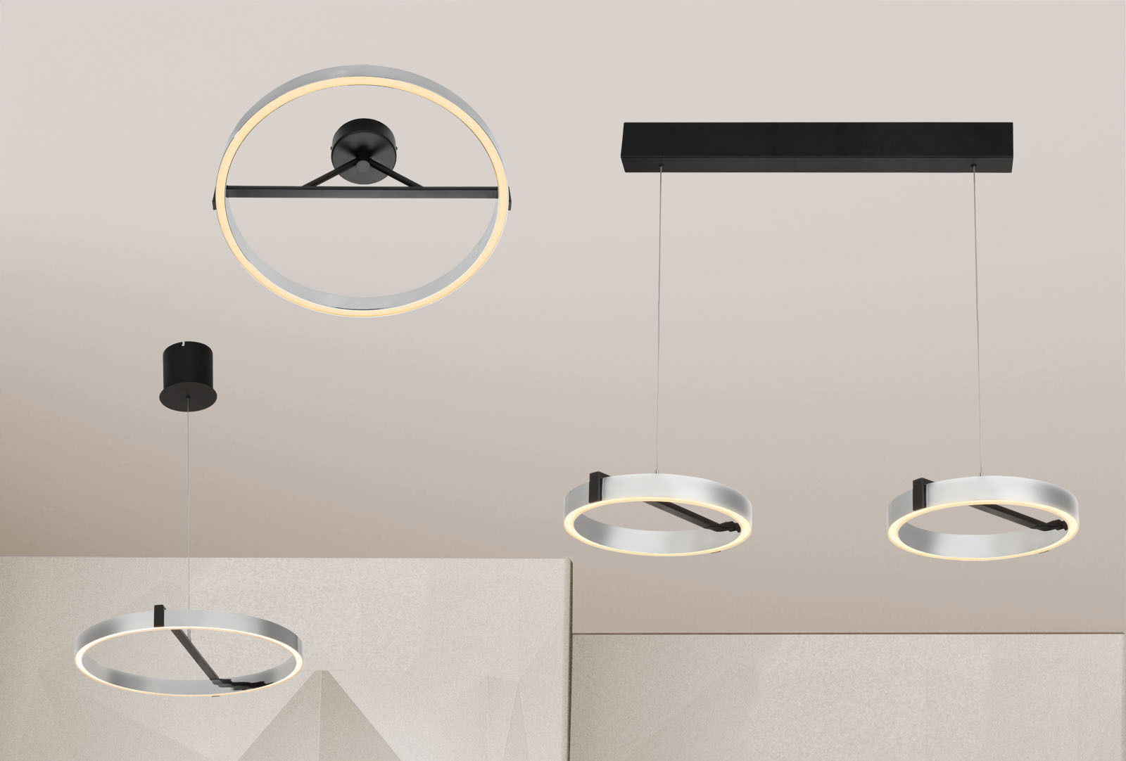 Moderne LED-Hängeleuchten und Deckenleuchte in kreisförmigem Design, von unten betrachtet.