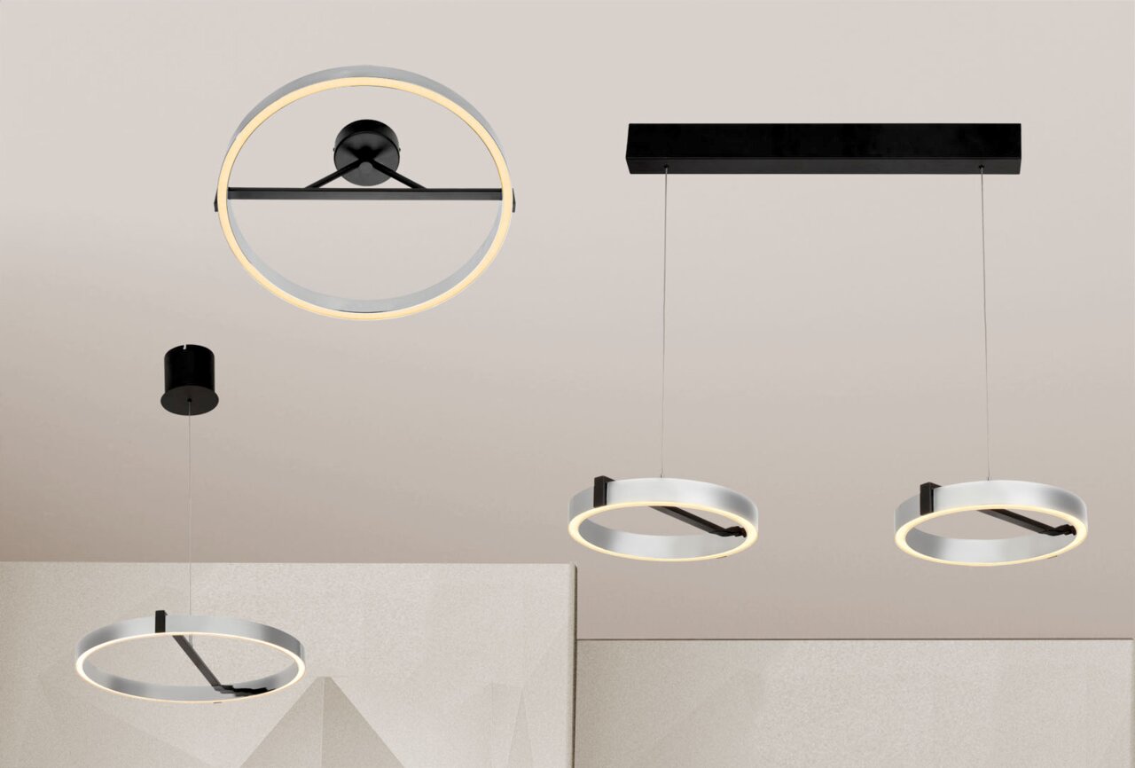 Moderne LED-Hängeleuchten und Deckenleuchte in kreisförmigem Design, von unten betrachtet.