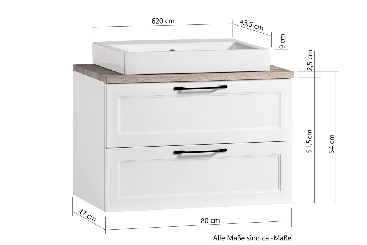 Frontansicht eines modernen Waschtisch-Sets mit weißem Unterschrank und rechteckigem Waschbecken, inklusive Maßangaben.