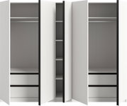 Offener, moderner Kleiderschrank in Weiß mit schwarzen Akzenten, zwei großen Fächern mit Kleiderstangen und Schubladen sowie schmalem Mittelregal, Frontansicht leicht schräg von vorn