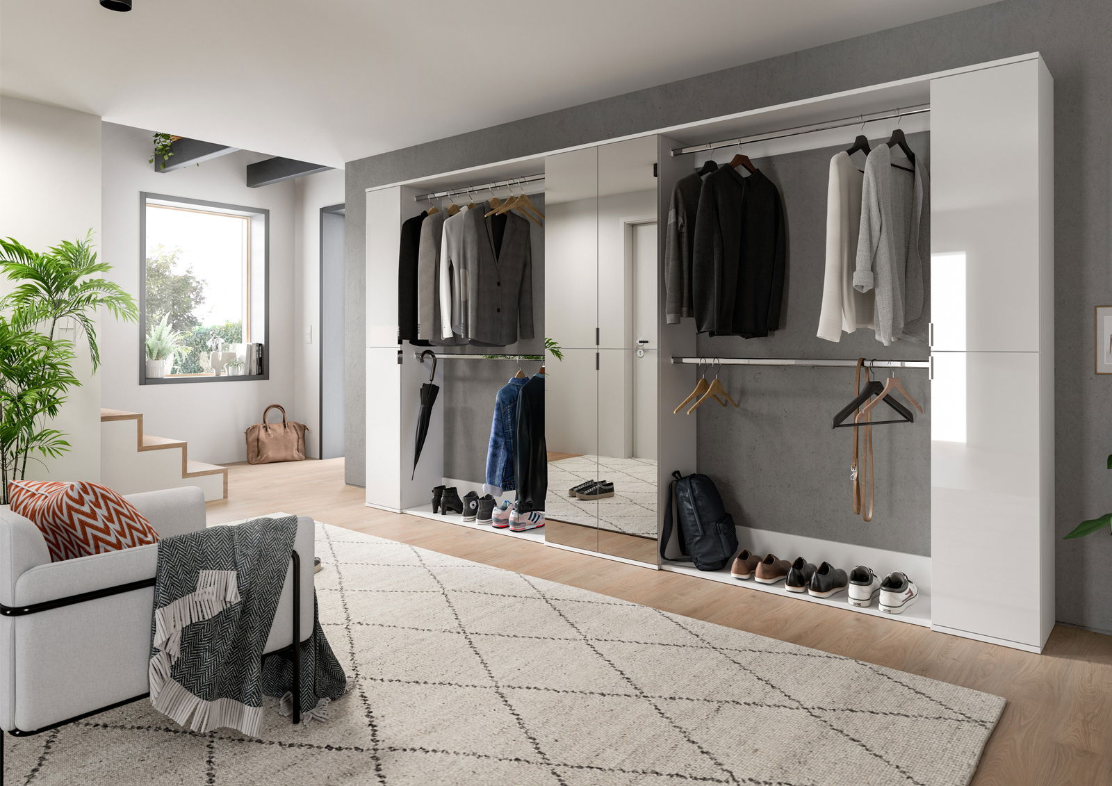 Moderner, offener Kleiderschrank mit Spiegeln, gefüllt mit Kleidung und Accessoires, in einem stilvollen, hellen Raum mit Blick auf die Vorderseite.