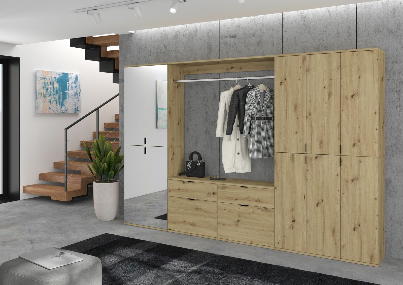 Moderne Kommode in Holzoptik mit Spiegel und Kleiderstange, frontal fotografiert in einem stilvollen Wohnbereich.