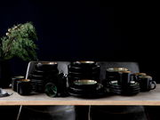 Elegantes 30-teiliges Kombiservice in Schwarz mit grüner Innenseite, auf einem Tisch arrangiert, seitliche Perspektive.