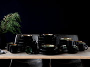 Elegantes 30-teiliges Kombiservice in Schwarz mit grüner Innenseite, auf einem Tisch arrangiert, seitliche Perspektive.