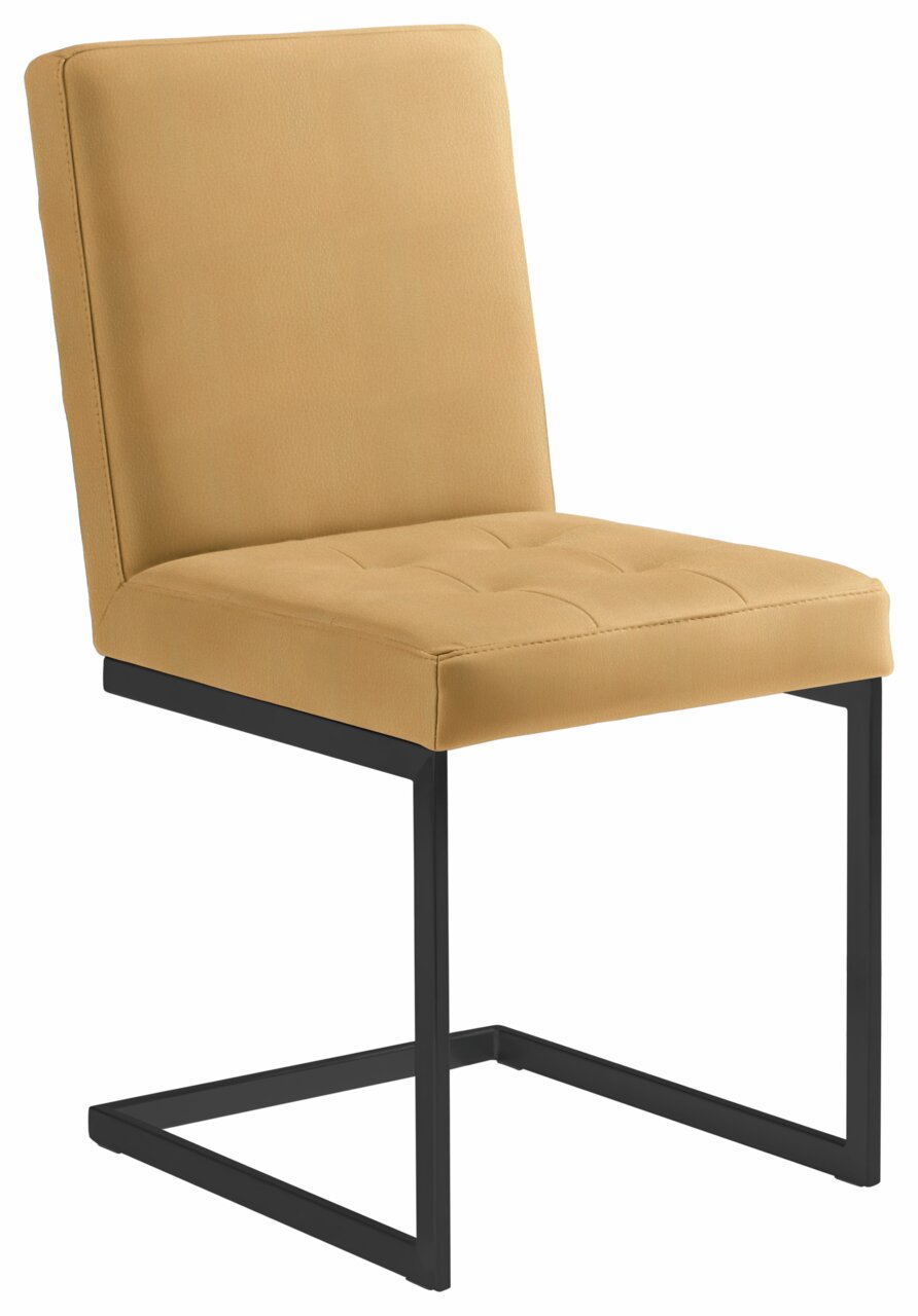 Moderano Slingerstoel LUPO II Freischwinger-Stuhl in senfgelber Polsterung mit schwarzem Metallgestell, seitliche Perspektive
